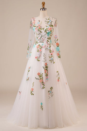 Tul Mangas Largas Vestido de Novia Marfil